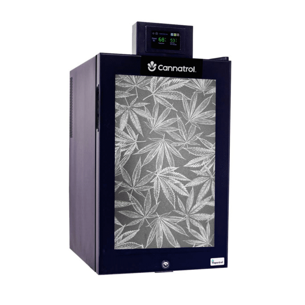 cannatrol cool cure cannabis drying unit with white cannabis leaf design printed on dark grey tint on the door glass